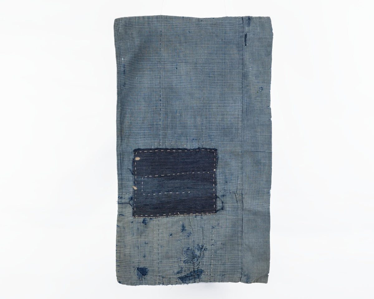 Japanese Boro Textile Panel with Checked Cotton and Hand-Stitched Repairs