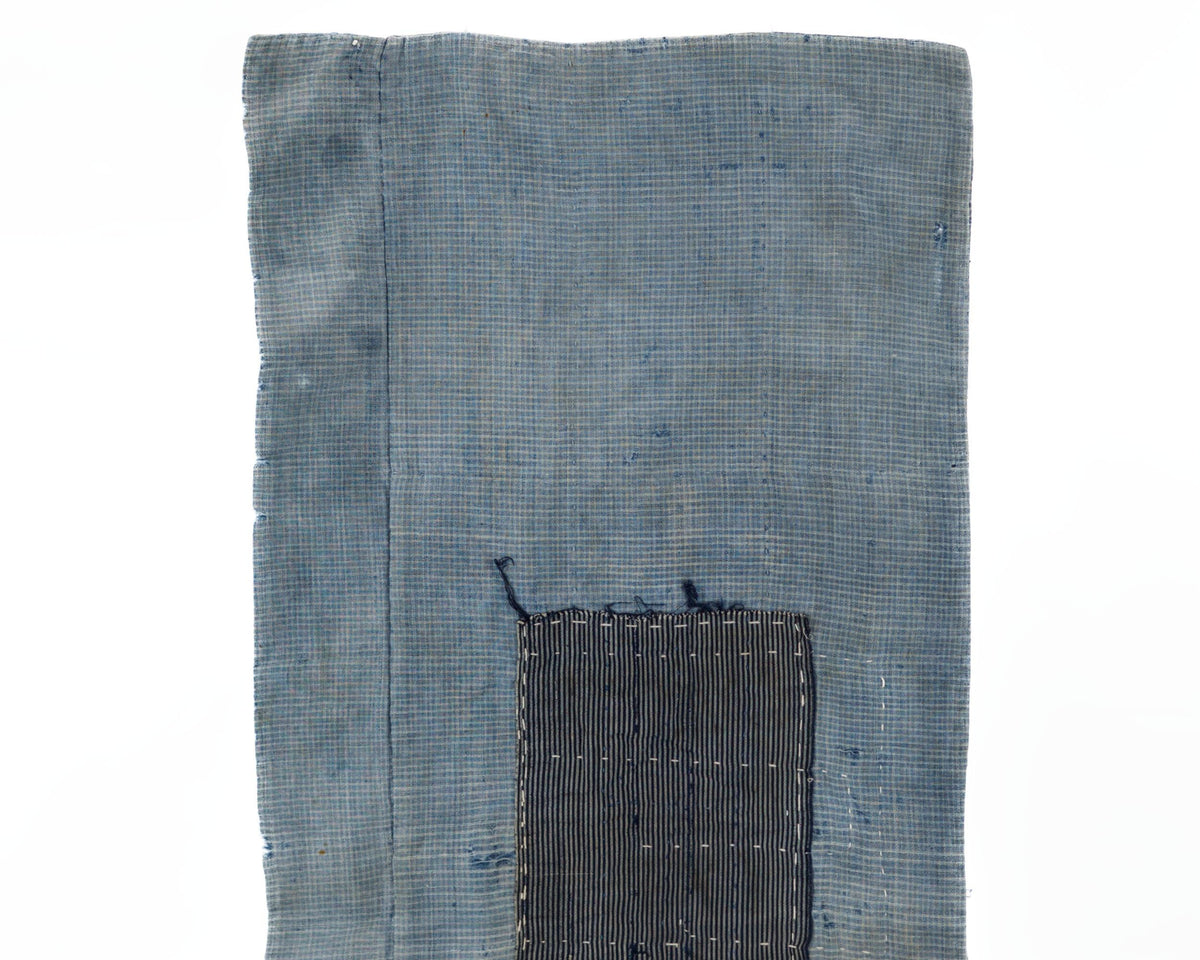 Japanese Boro Textile Panel with Checked Cotton and Hand-Stitched Repairs