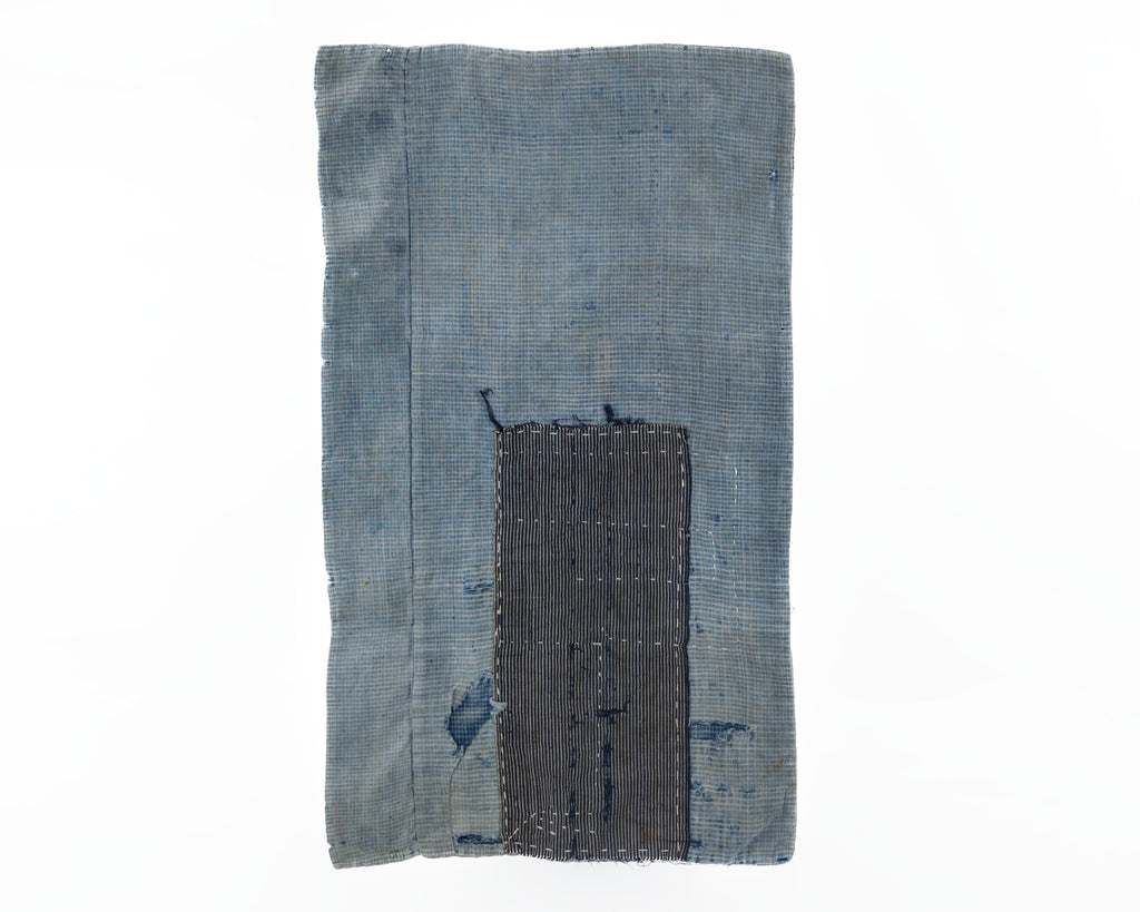 Japanese Boro Textile Panel with Checked Cotton and Hand-Stitched Repairs