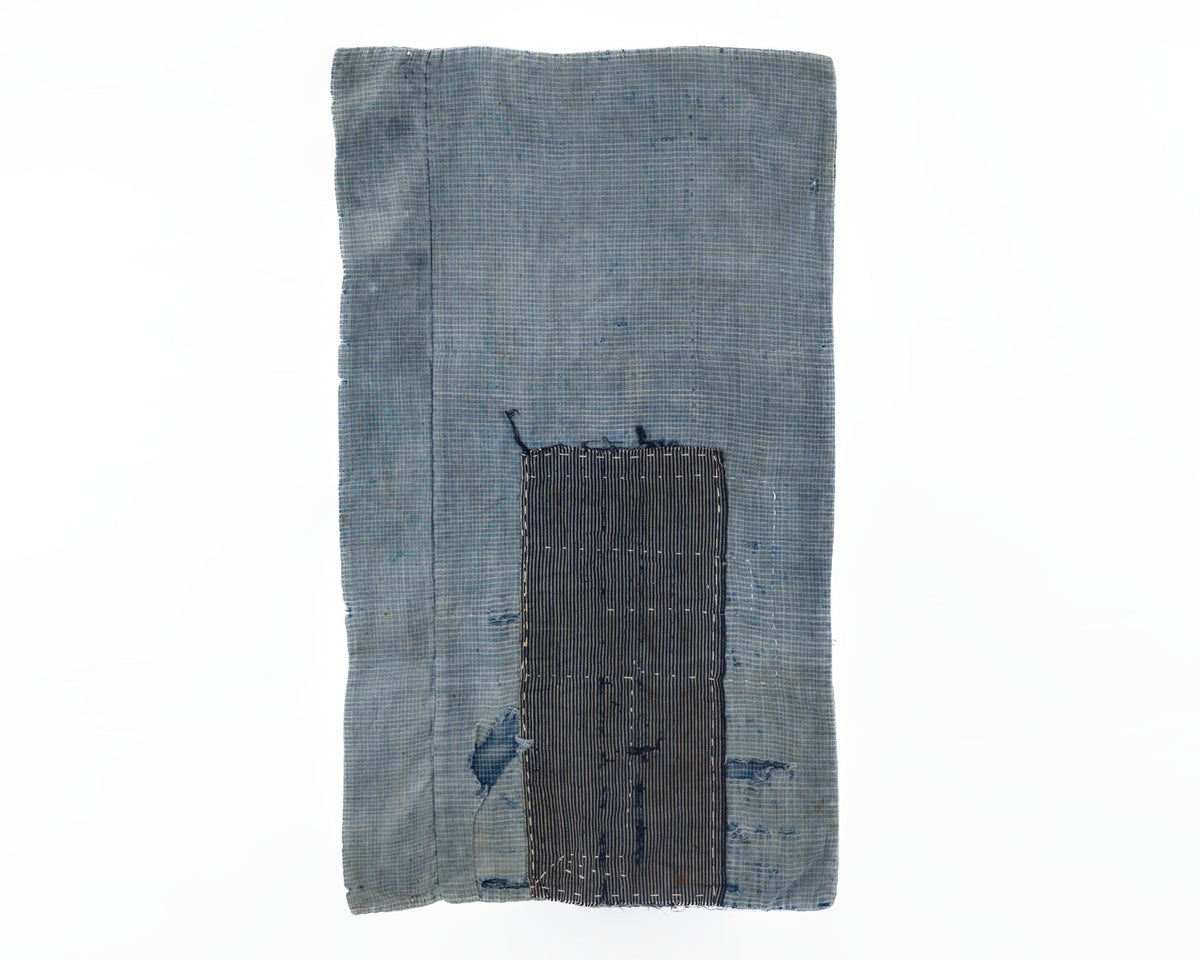 Japanese Boro Textile Panel with Checked Cotton and Hand-Stitched Repairs