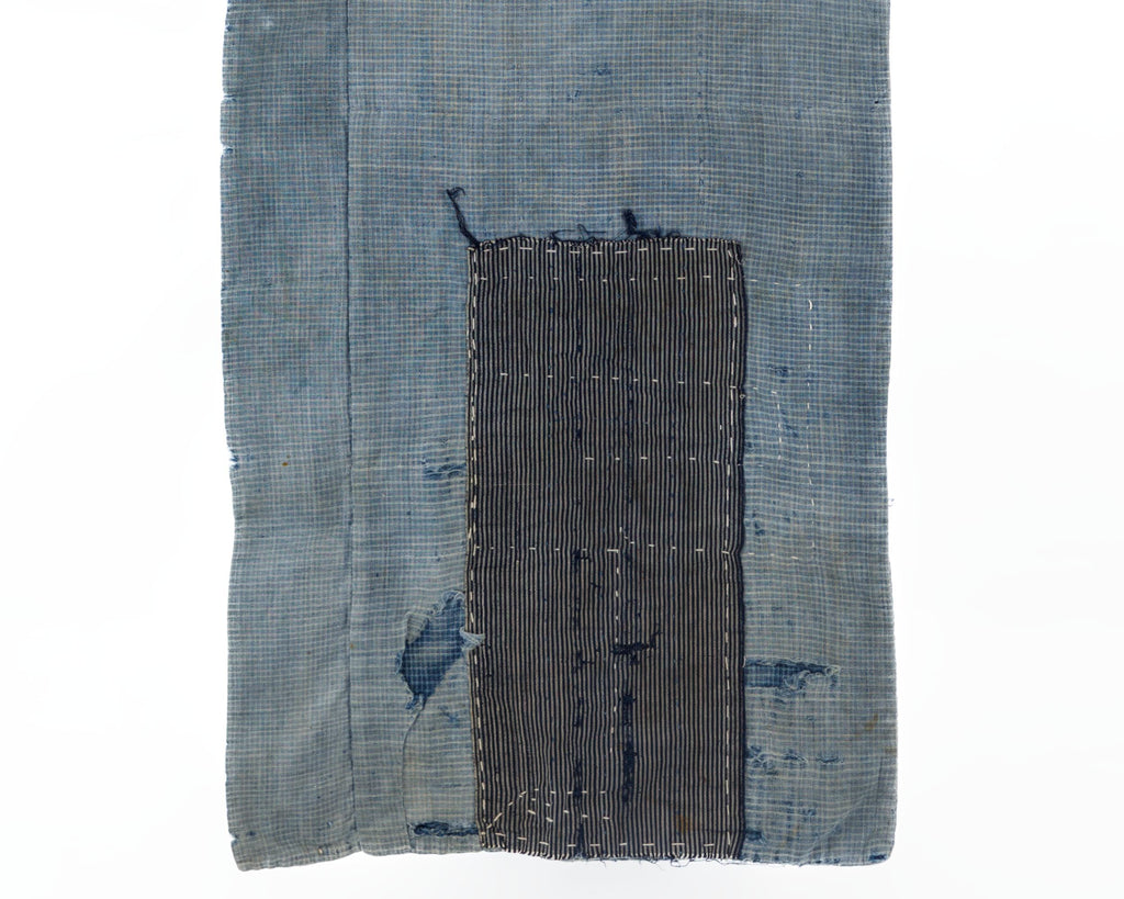 Japanese Boro Textile Panel with Checked Cotton and Hand-Stitched Repairs