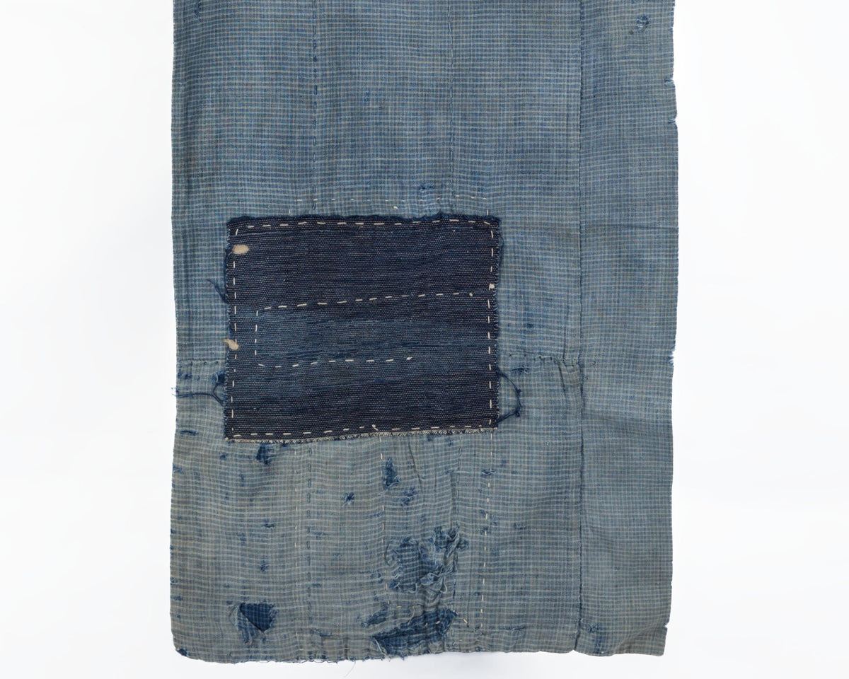 Japanese Boro Textile Panel with Checked Cotton and Hand-Stitched Repairs