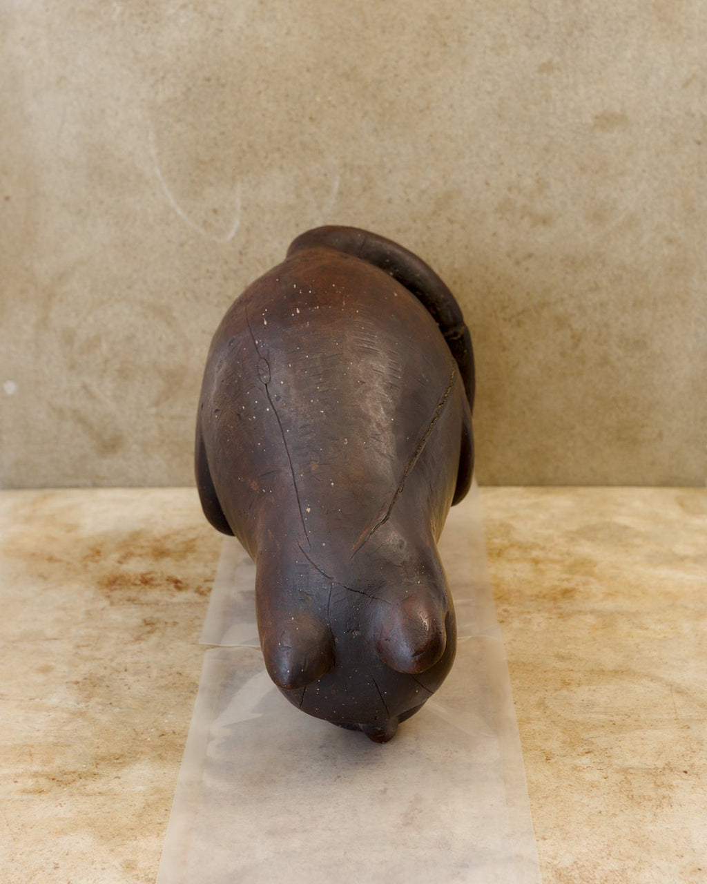 Overhead view of a dark reddish-brown carved wooden cat sculpture, showing its broad, rounded back, two pointed ears, and thick curled tail. Fine carving marks, small pale specks, and visible separations in the wood follow the contours of the body.