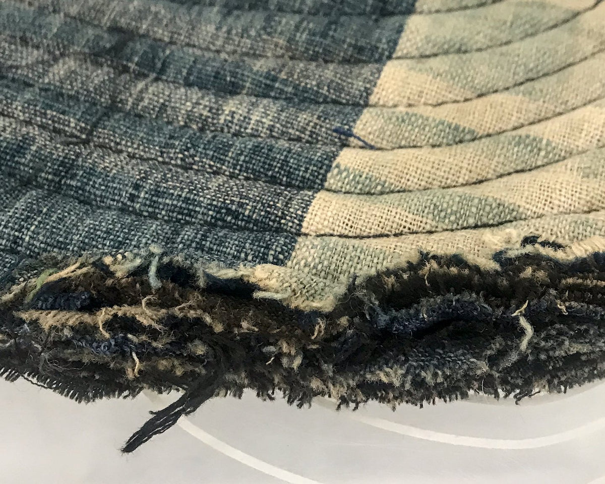 Vintage Japanese Boro Layered Fabric Round 12" — Indigo Check Textile