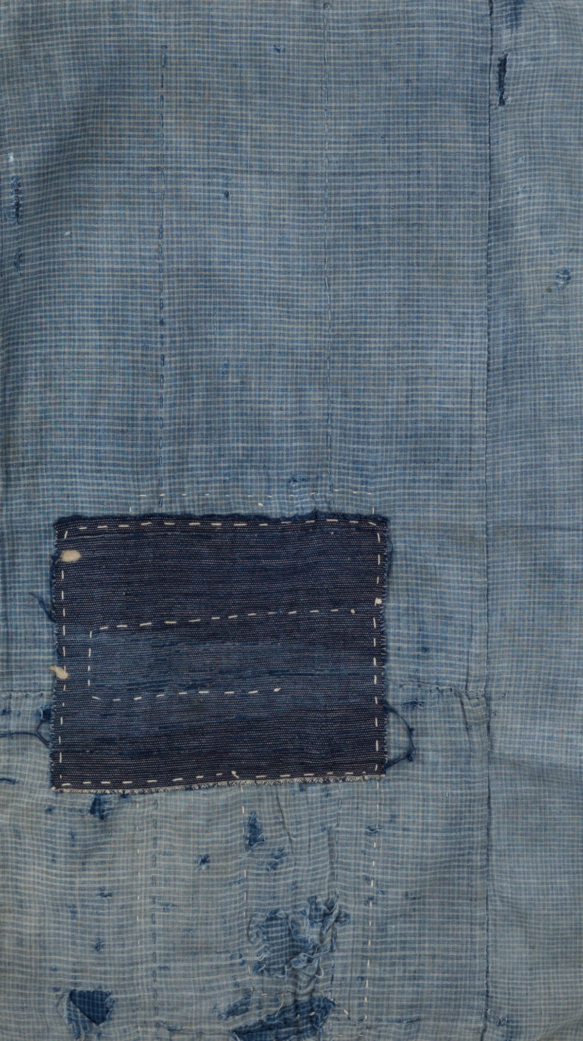 Japanese Boro Textile Panel with Checked Cotton and Hand-Stitched Repairs