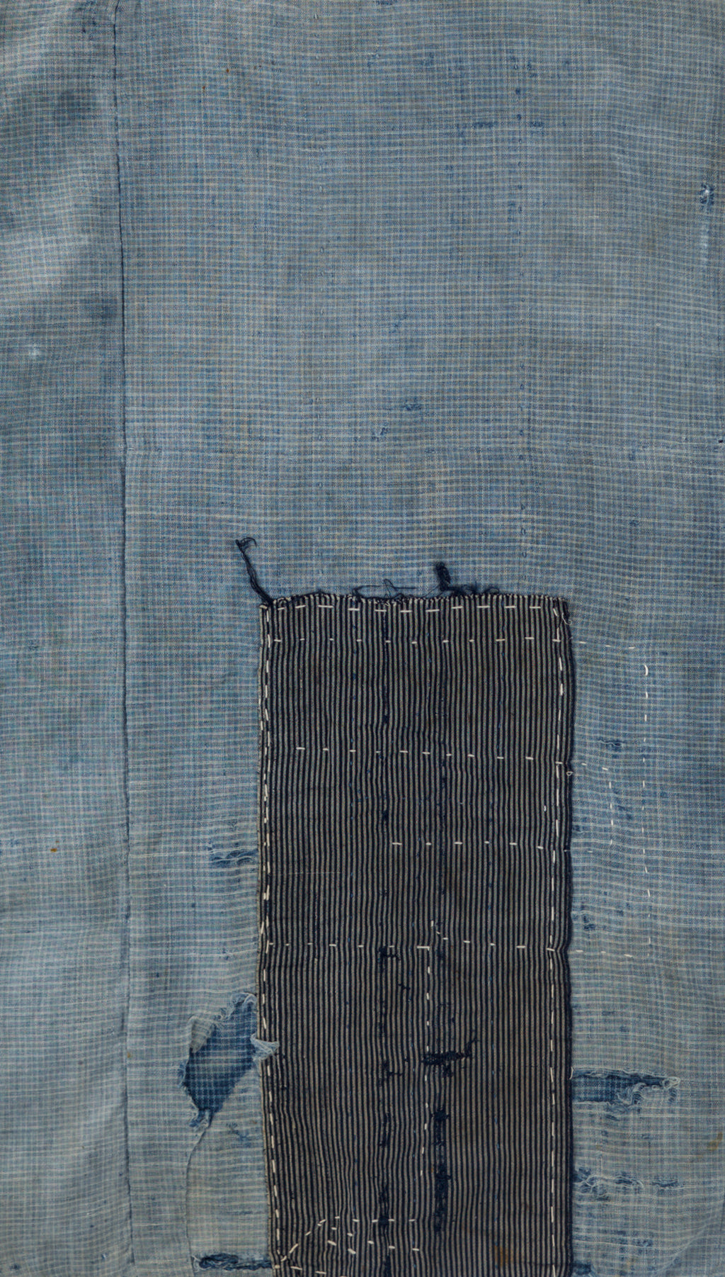 Japanese Boro Textile Panel with Checked Cotton and Hand-Stitched Repairs
