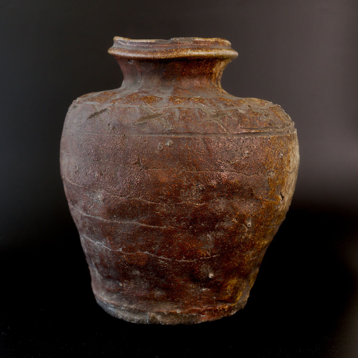 Antique Shigaraki stoneware jar photographed against a dark background, showing its reddish brown, pitted clay body, flared rim, and incised cypress-fence pattern around the shoulder.