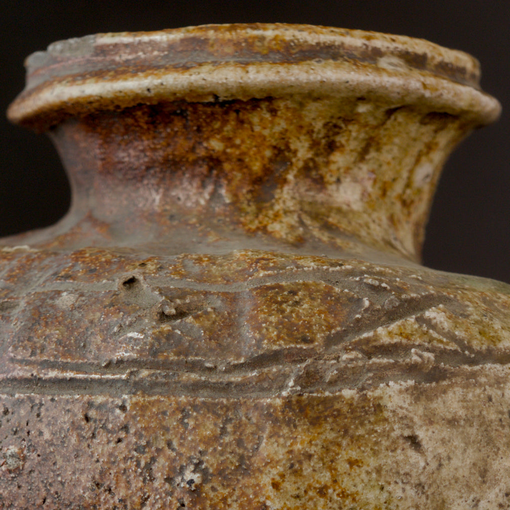 Close-up of an antique Shigaraki jar's short neck and rolled rim, with mottled cream and brown natural ash glaze and hand-incised cypress-fence lines across the shoulder.
